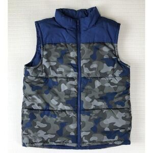 Gymboree Boys Puffer Vest Large 10/12 Full Zip Pockets Blue Gray Camouflage